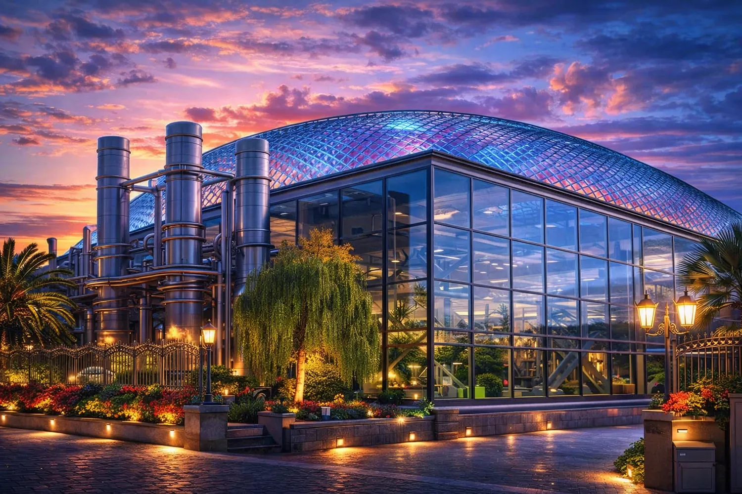 The power hall at dusk, transformer stacks alongside