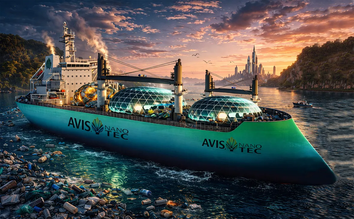 AVIS NanoTec taking waste aboard at dusk, the city behind